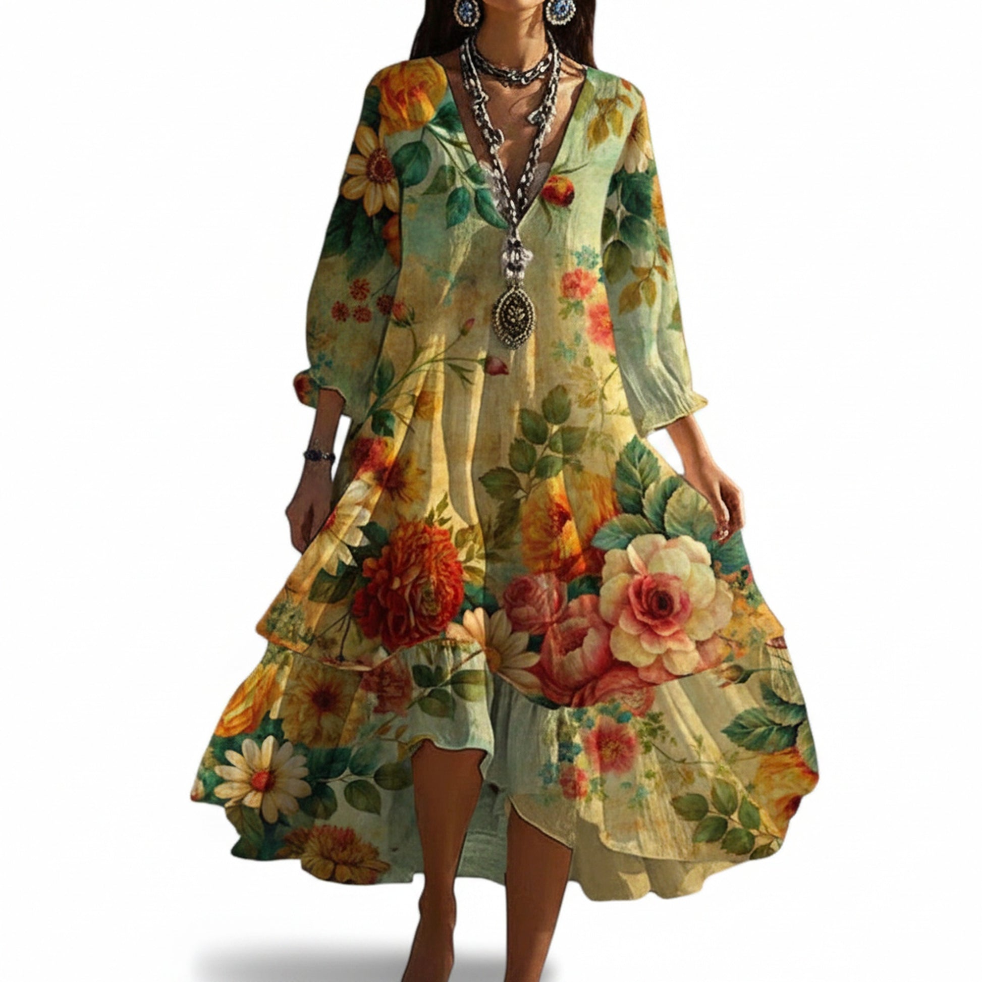 Femme Robe Midi Boho à Imprimé Floral avec Col en V et Manches Trois-Quarts