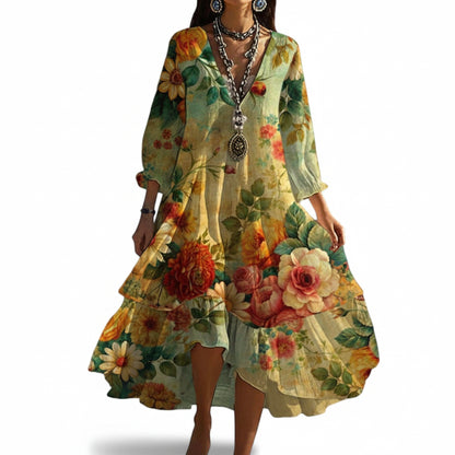 Femme Robe Midi Boho à Imprimé Floral avec Col en V et Manches Trois-Quarts