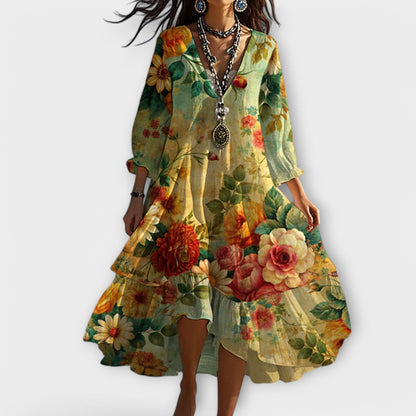 Femme Robe Midi Boho à Imprimé Floral avec Col en V et Manches Trois-Quarts