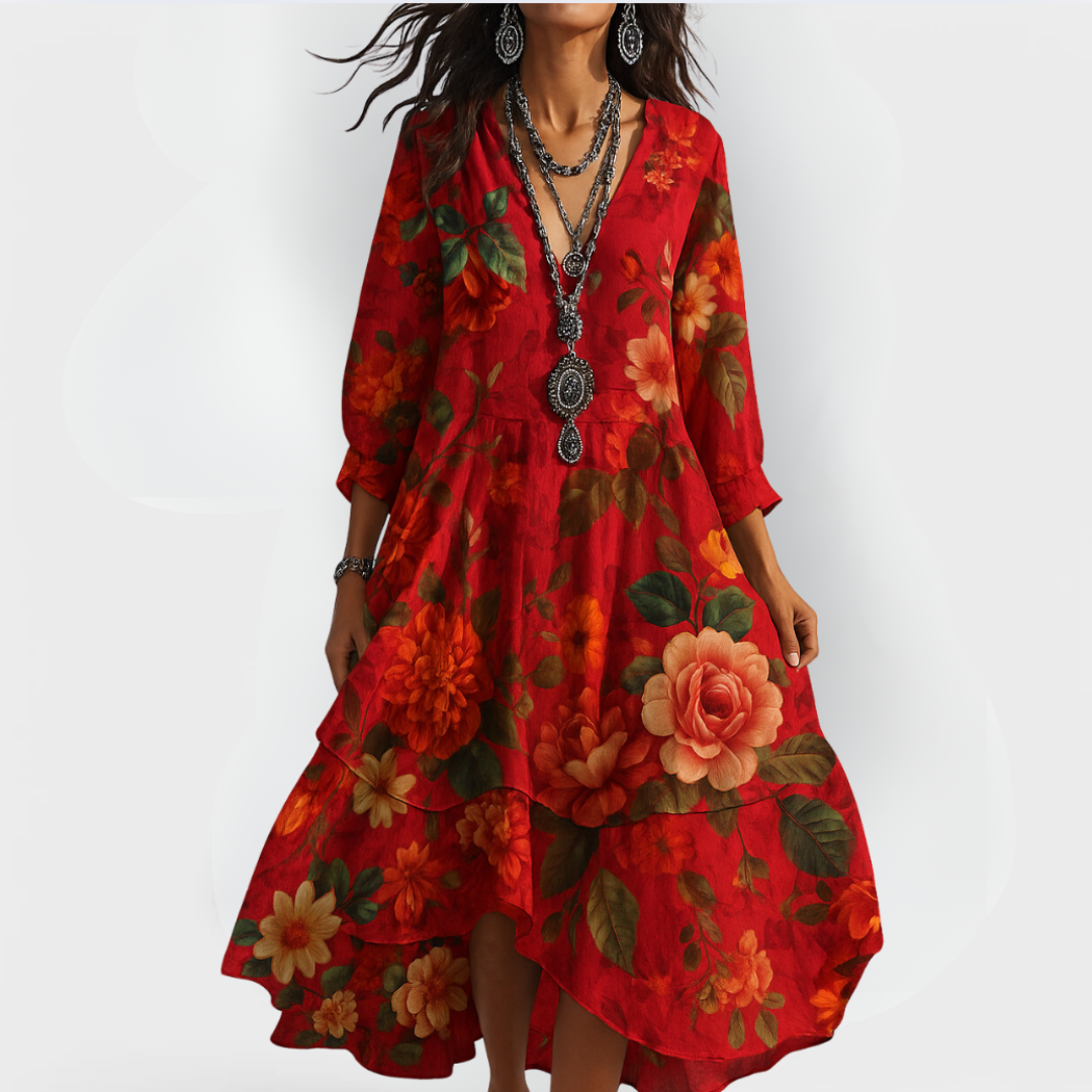 Femme Robe Midi Boho à Imprimé Floral avec Col en V et Manches Trois-Quarts