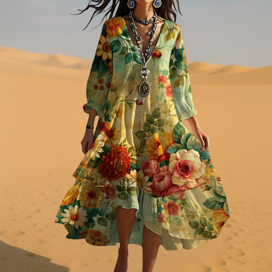 Femme Robe Midi Boho à Imprimé Floral avec Col en V et Manches Trois-Quarts