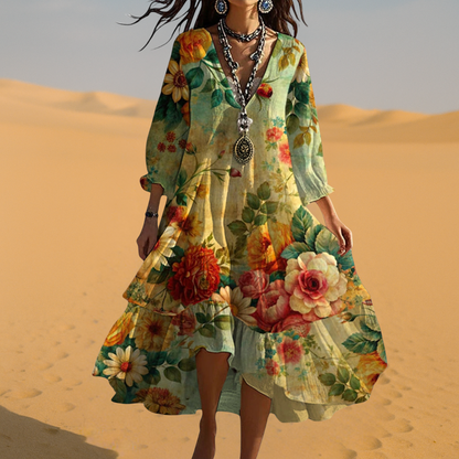 Femme Robe Midi Boho à Imprimé Floral avec Col en V et Manches Trois-Quarts
