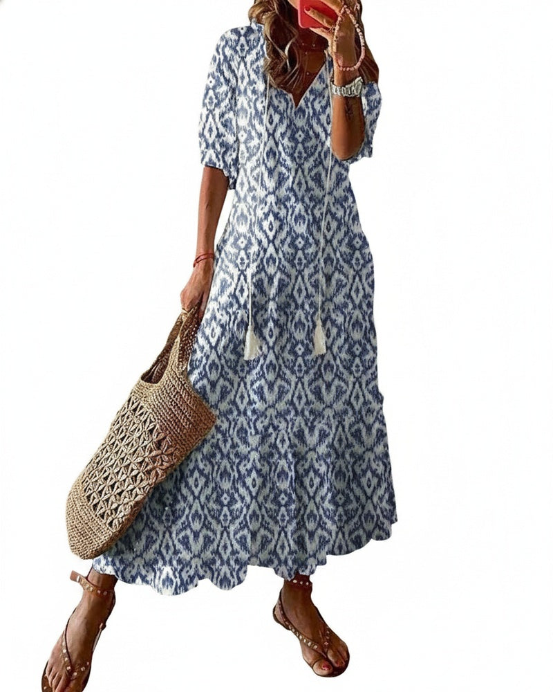 Femme Robe Midi Boho à Manches Courtes avec Col en V et Imprimé