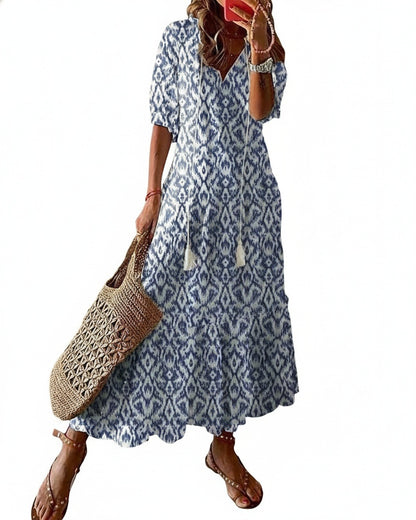 Femme Robe Midi Boho à Manches Courtes avec Col en V et Imprimé