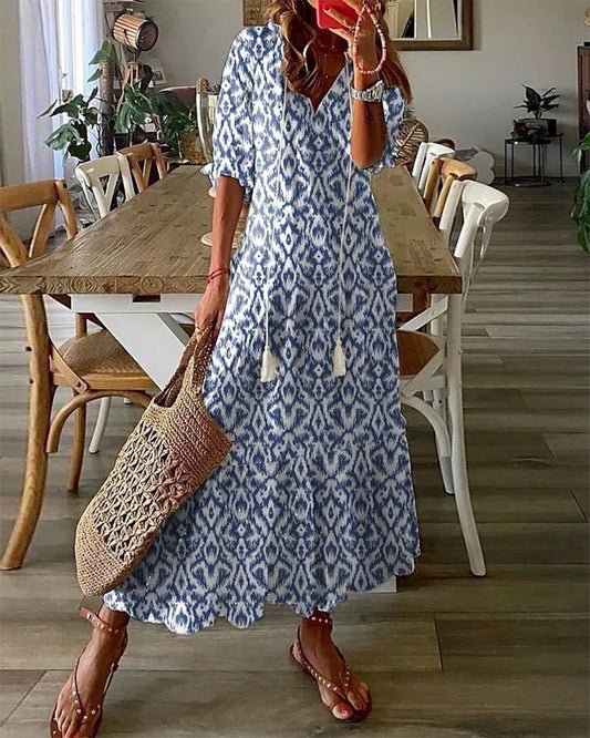 Femme Robe Midi Boho à Manches Courtes avec Col en V et Imprimé