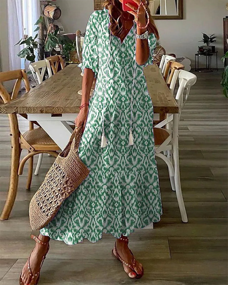 Femme Robe Midi Boho à Manches Courtes avec Col en V et Imprimé