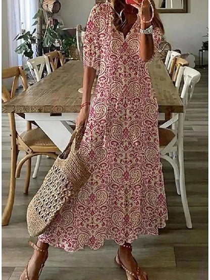 Femme Robe Midi Boho à Manches Courtes avec Col en V et Imprimé