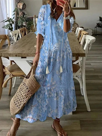 Femme Robe Midi Boho à Manches Courtes avec Col en V et Imprimé
