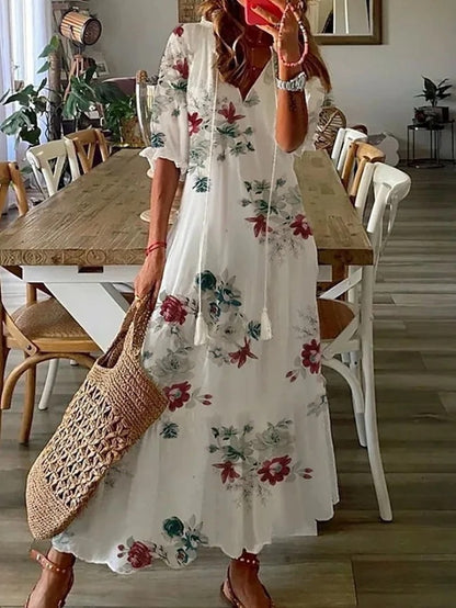 Femme Robe Midi Boho à Manches Courtes avec Col en V et Imprimé