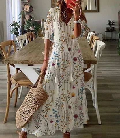 Femme Robe Midi Boho à Manches Courtes avec Col en V et Imprimé
