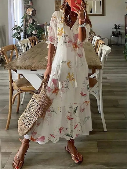 Femme Robe Midi Boho à Manches Courtes avec Col en V et Imprimé