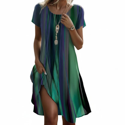 Femme Robe Midi Boho à Manches Courtes avec Imprimé Dégradé et Col Rond