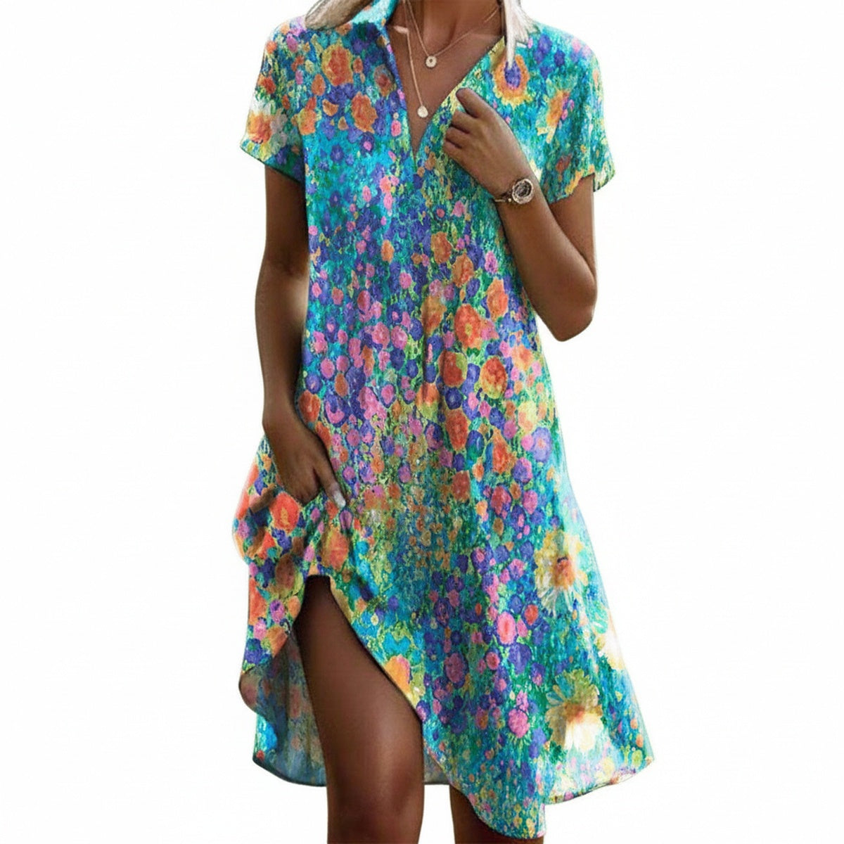 Femme Robe Midi Boho à Manches Courtes avec Imprimé Floral et Col en V