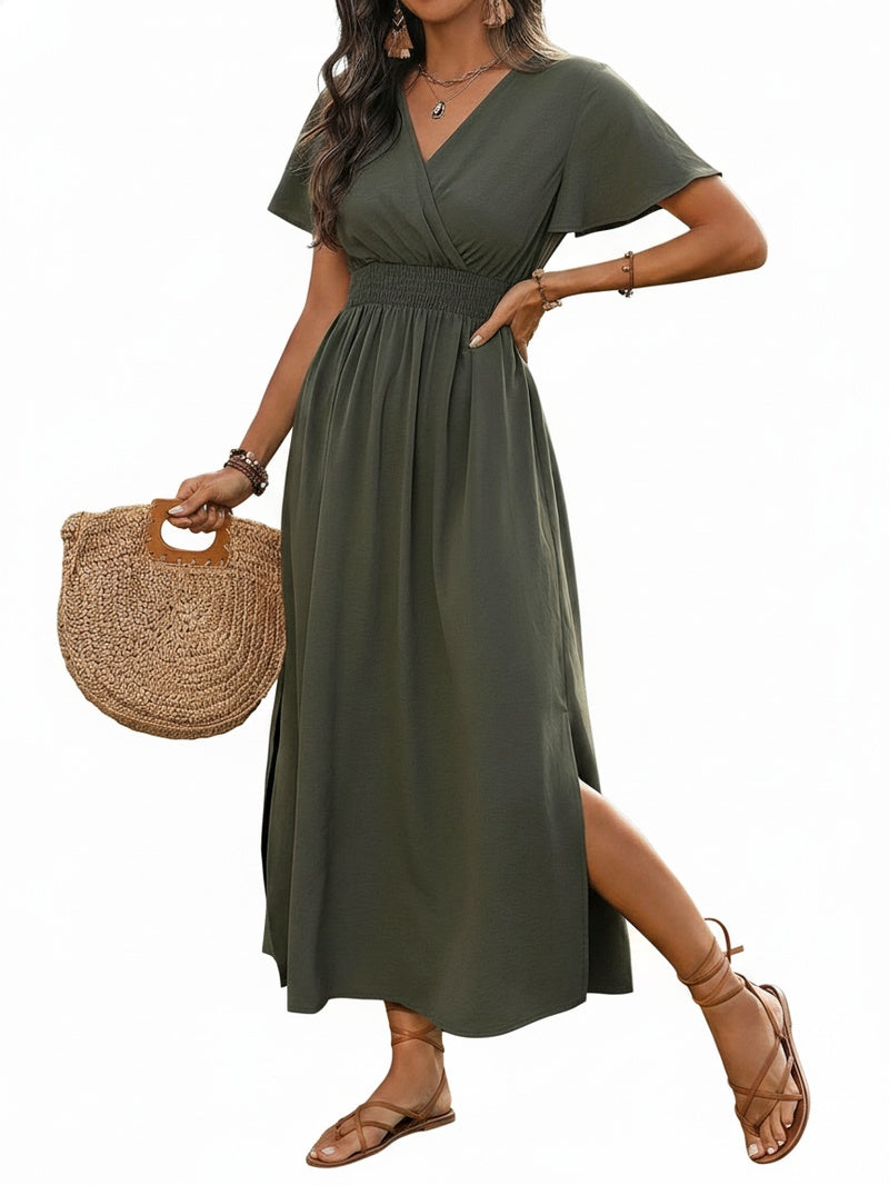 Femme Robe Midi Cache-Cœur Manches Courtes avec Taille Élastiquée et Fente