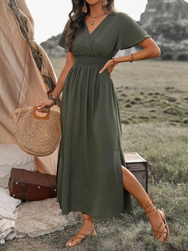 Femme Robe Midi Cache-Cœur Manches Courtes avec Taille Élastiquée et Fente