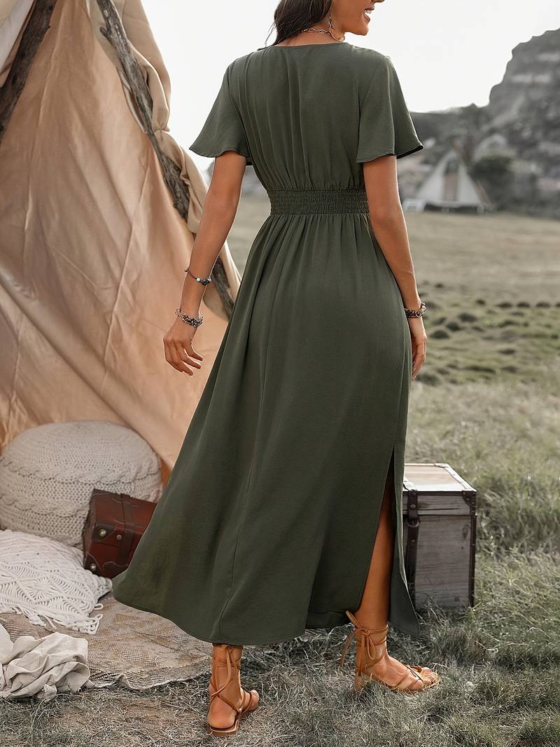 Femme Robe Midi Cache-Cœur Manches Courtes avec Taille Élastiquée et Fente