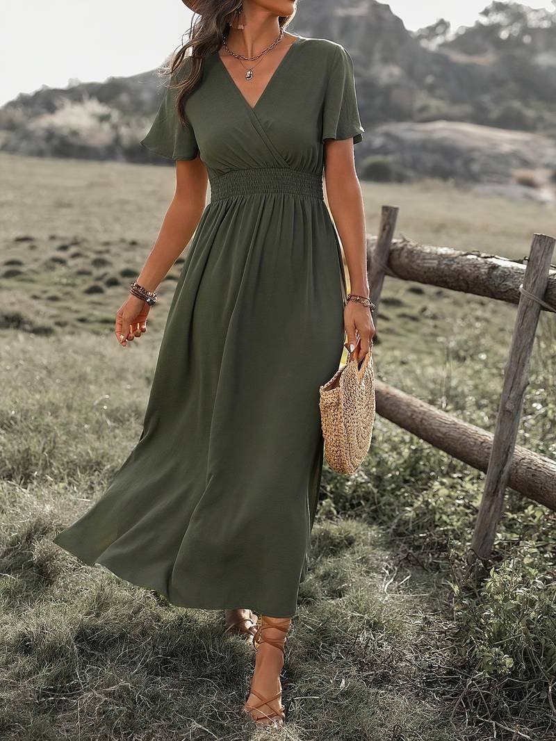 Femme Robe Midi Cache-Cœur Manches Courtes avec Taille Élastiquée et Fente