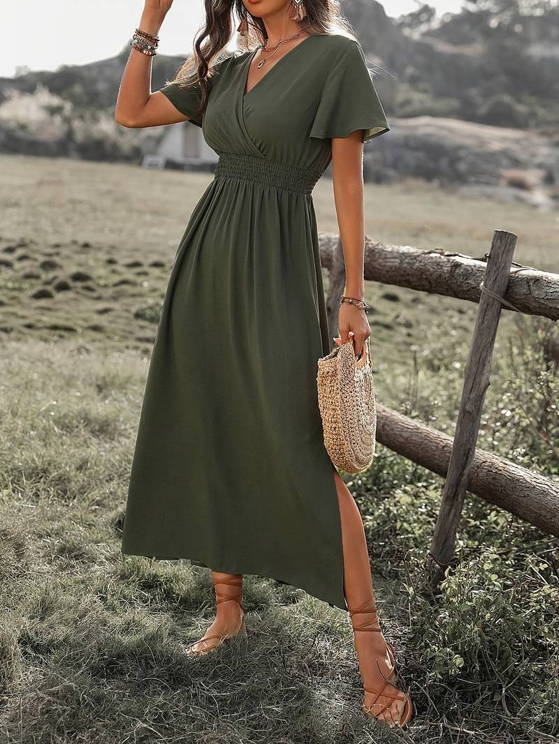 Femme Robe Midi Cache-Cœur Manches Courtes avec Taille Élastiquée et Fente