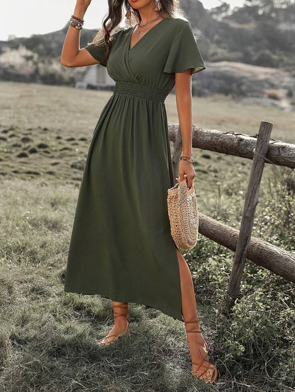 Femme Robe Midi Cache-Cœur Manches Courtes avec Taille Élastiquée et Fente