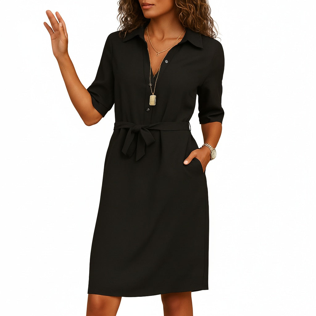 Femme Robe Midi Chemise à Manches Demi-longues avec Ceinture et Poches