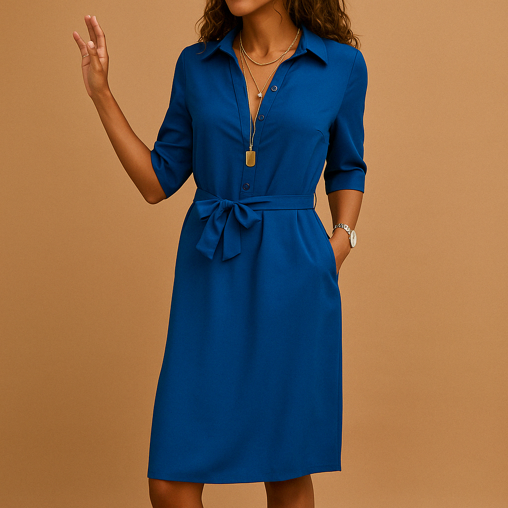 Femme Robe Midi Chemise à Manches Demi-longues avec Ceinture et Poches
