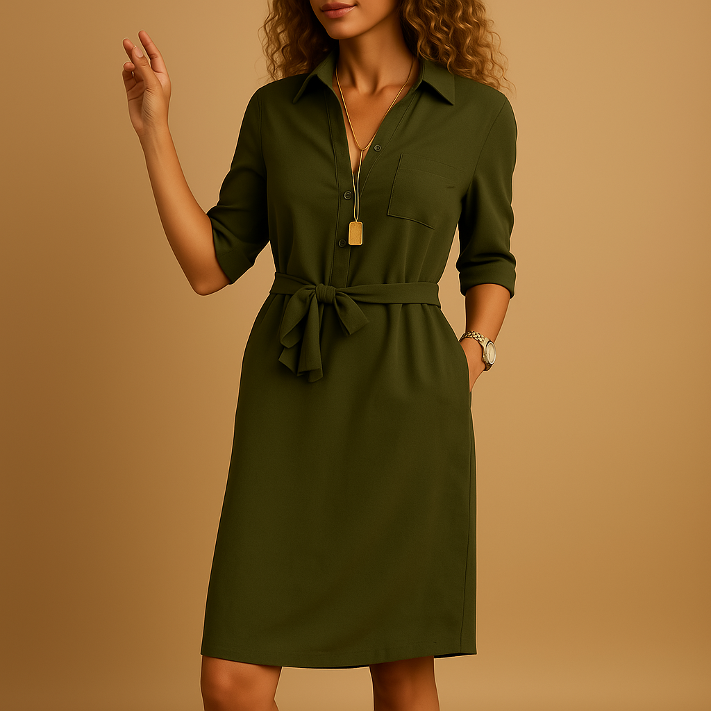 Femme Robe Midi Chemise à Manches Demi-longues avec Ceinture et Poches