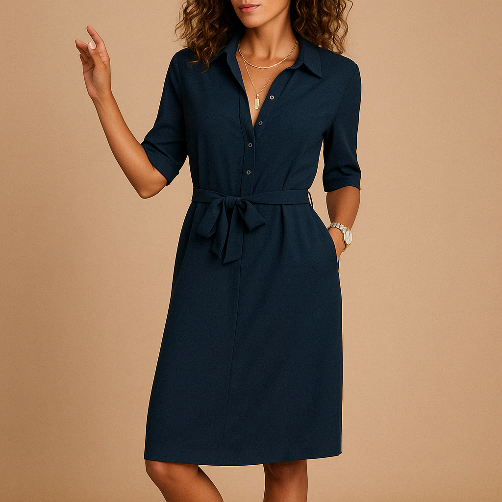 Femme Robe Midi Chemise à Manches Demi-longues avec Ceinture et Poches