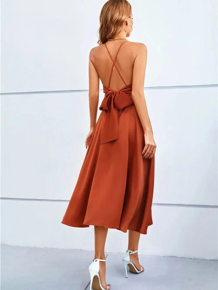 Femme Robe Midi col Croisé à Bretelles avec Dos Nu et Nœud en A-ligne