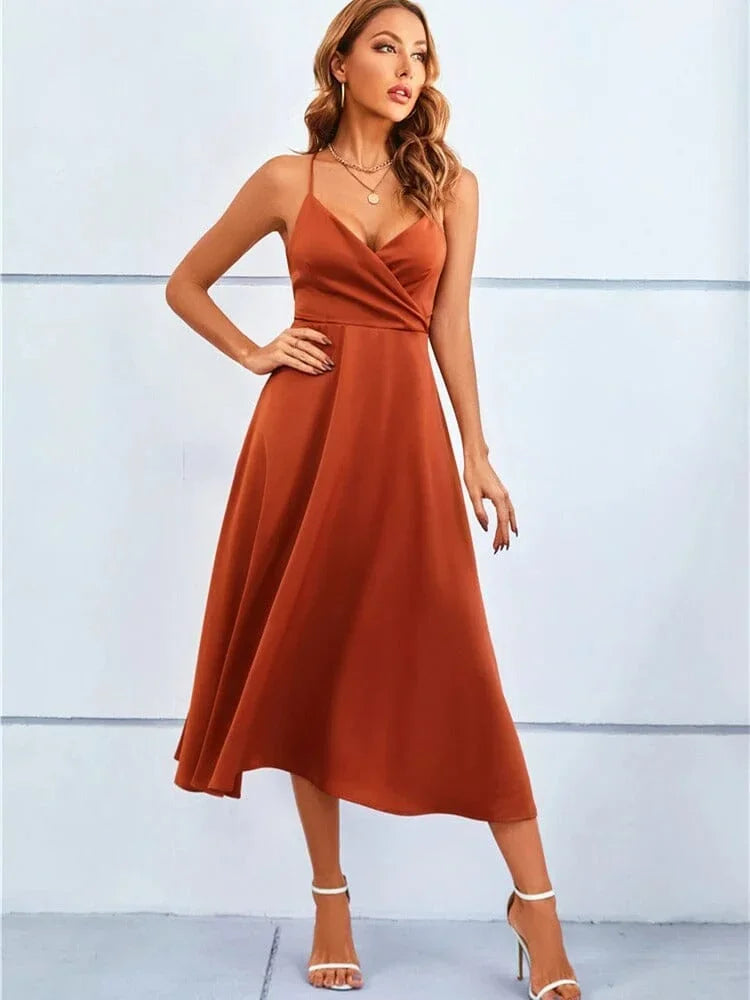 Femme Robe Midi col Croisé à Bretelles avec Dos Nu et Nœud en A-ligne