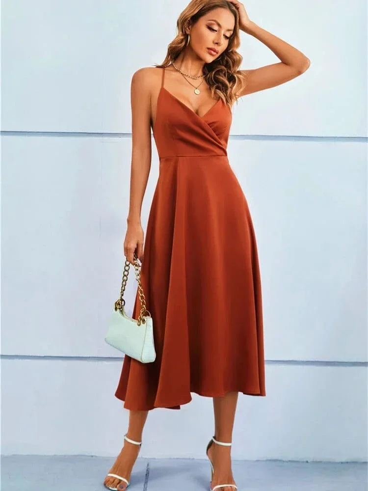 Femme Robe Midi col Croisé à Bretelles avec Dos Nu et Nœud en A-ligne