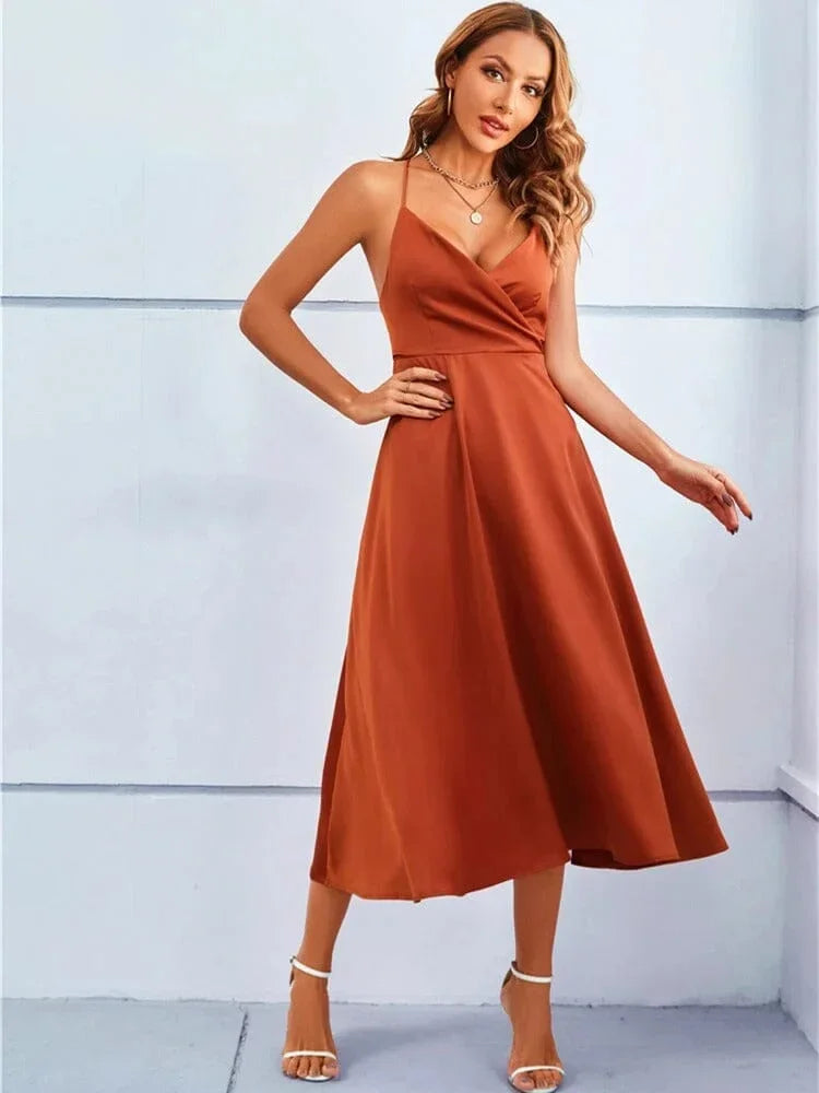 Femme Robe Midi col Croisé à Bretelles avec Dos Nu et Nœud en A-ligne