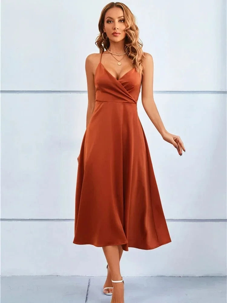 Femme Robe Midi col Croisé à Bretelles avec Dos Nu et Nœud en A-ligne