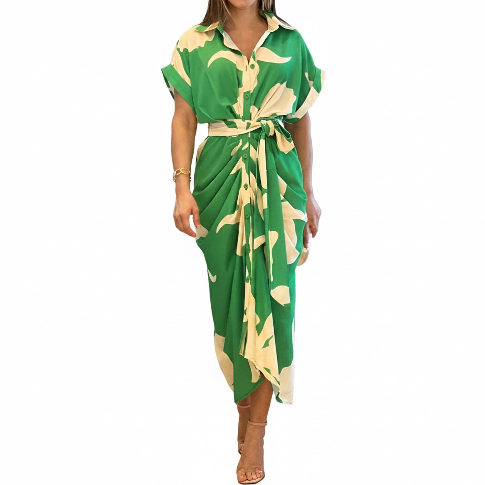 Femme Robe Midi Courte Manche avec Col Chemise et Ceinture à Nouer