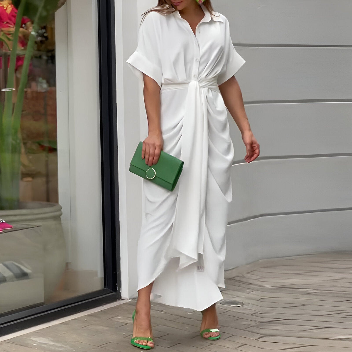 Femme Robe Midi Courte Manche avec Col Chemise et Ceinture à Nouer