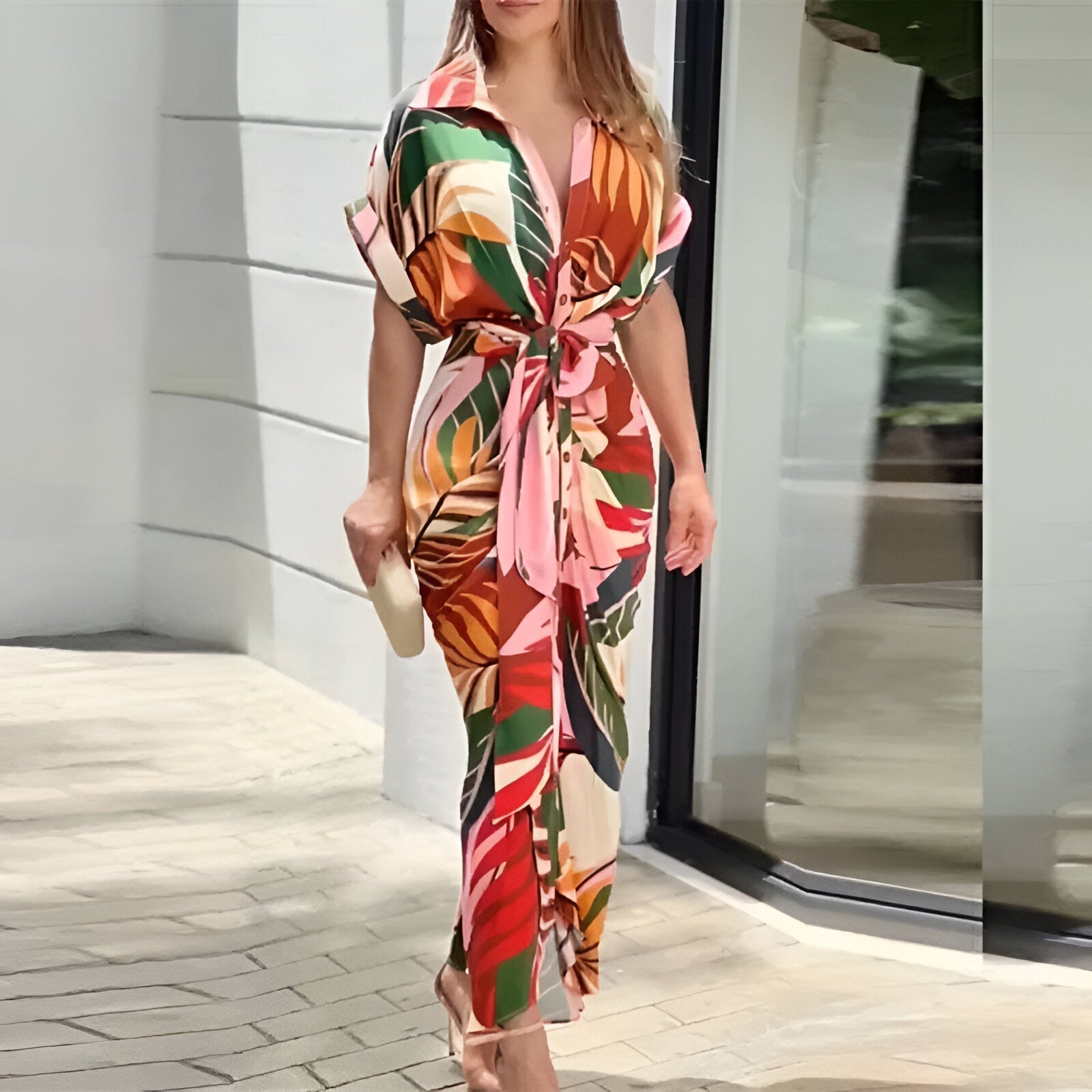 Femme Robe Midi Courte Manche avec Col Chemise et Ceinture à Nouer