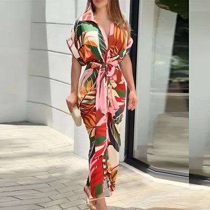 Femme Robe Midi Courte Manche avec Col Chemise et Ceinture à Nouer