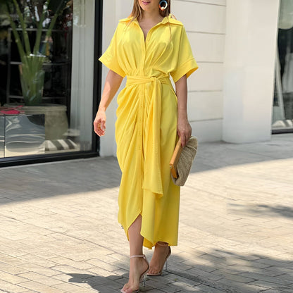 Femme Robe Midi Courte Manche avec Col Chemise et Ceinture à Nouer