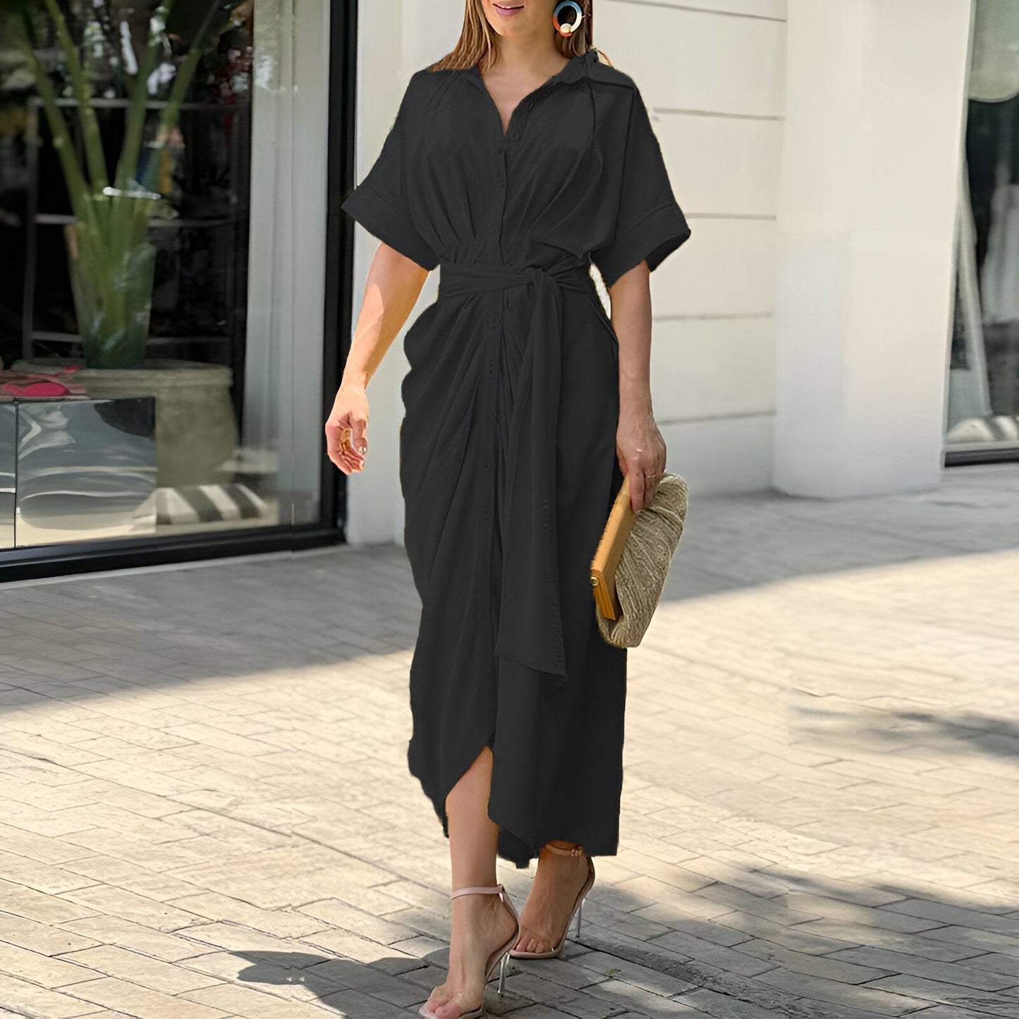 Femme Robe Midi Courte Manche avec Col Chemise et Ceinture à Nouer
