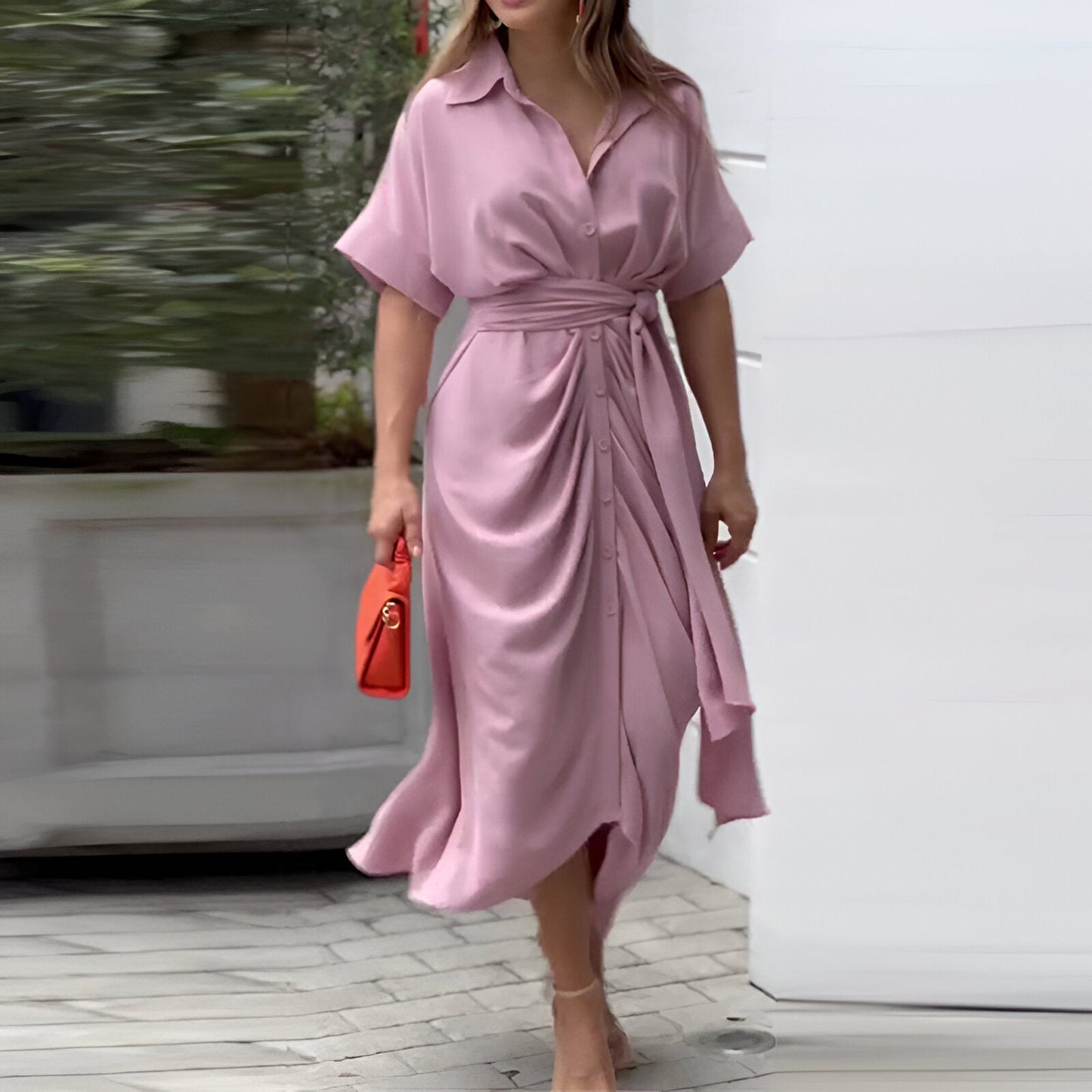 Femme Robe Midi Courte Manche avec Col Chemise et Ceinture à Nouer