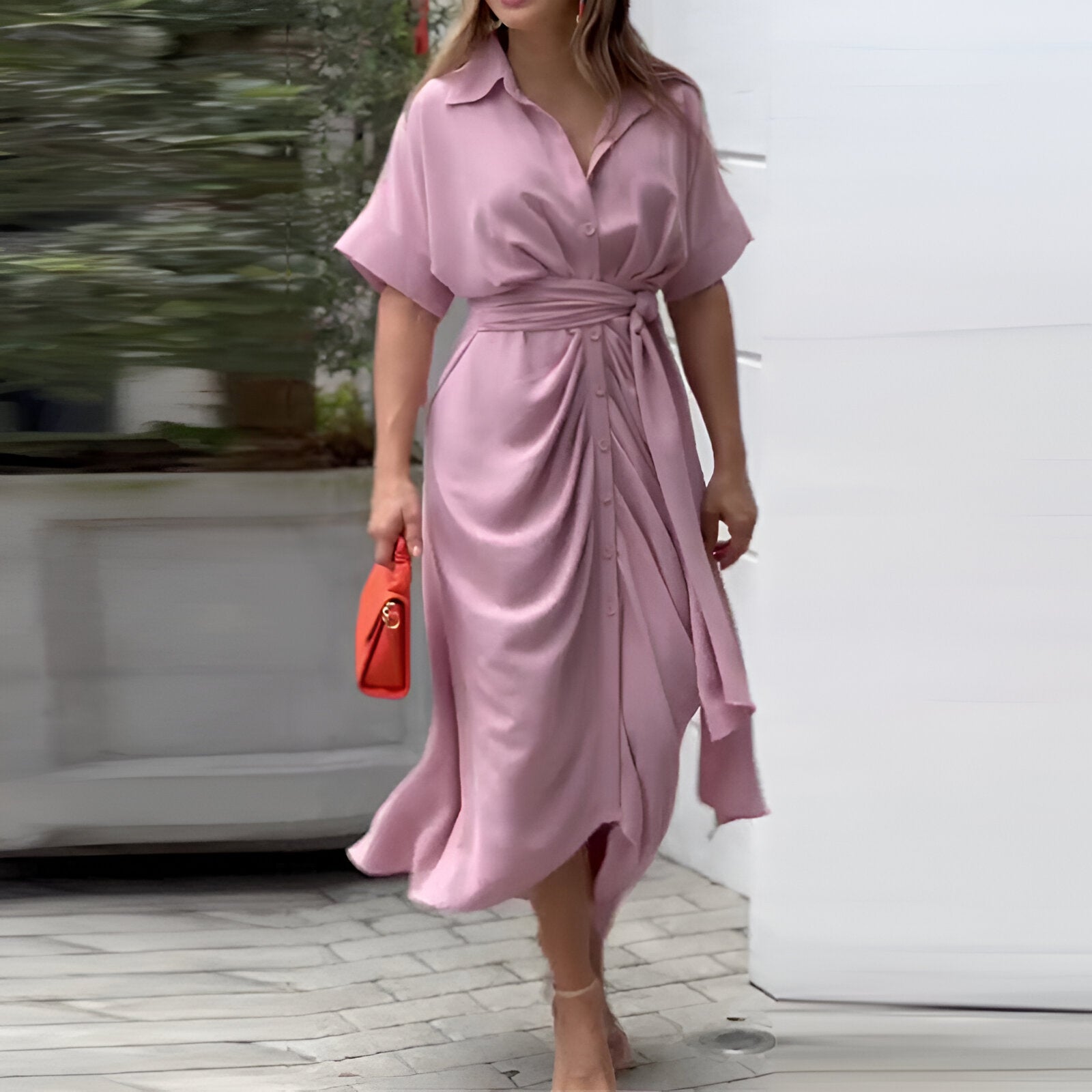 Femme Robe Midi Courte Manche avec Col Chemise et Ceinture à Nouer