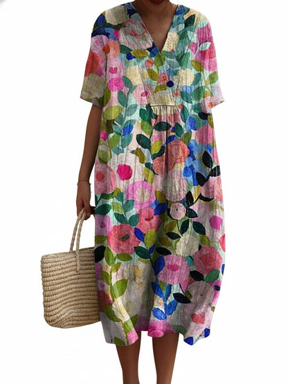 Femme Robe Midi Courte Manches Courtes col V à Imprimé Floral