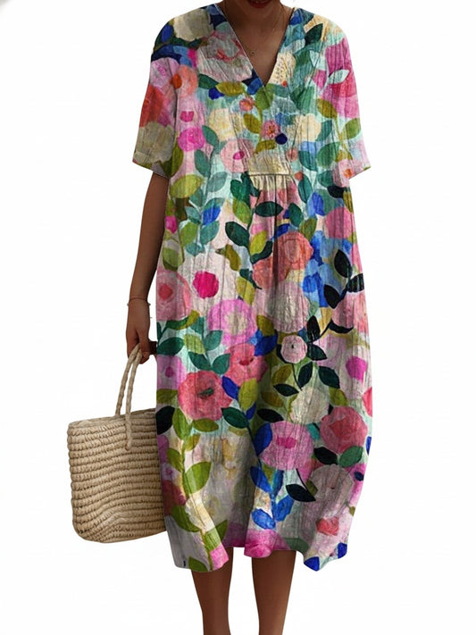 Femme Robe Midi Courte Manches Courtes col V à Imprimé Floral