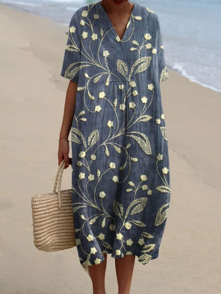 Femme Robe Midi Courte Manches Courtes col V à Imprimé Floral