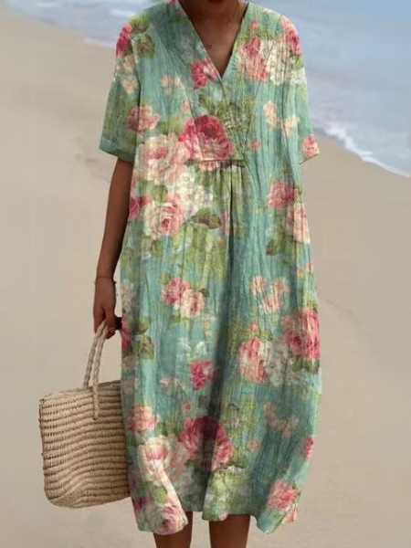 Femme Robe Midi Courte Manches Courtes col V à Imprimé Floral