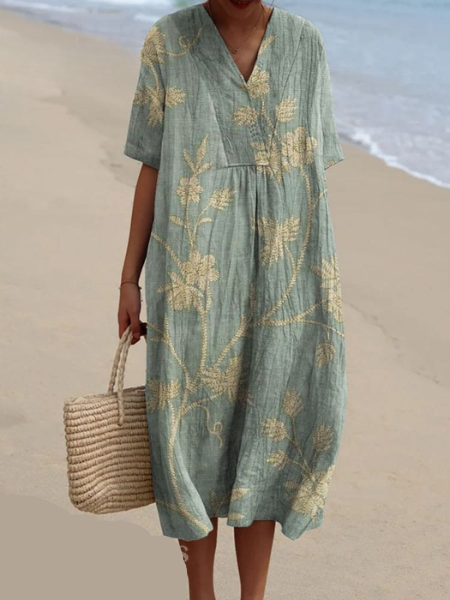 Femme Robe Midi Courte Manches Courtes col V à Imprimé Floral