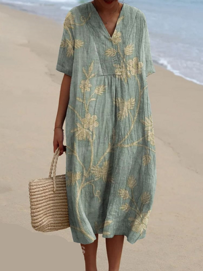 Femme Robe Midi Courte Manches Courtes col V à Imprimé Floral