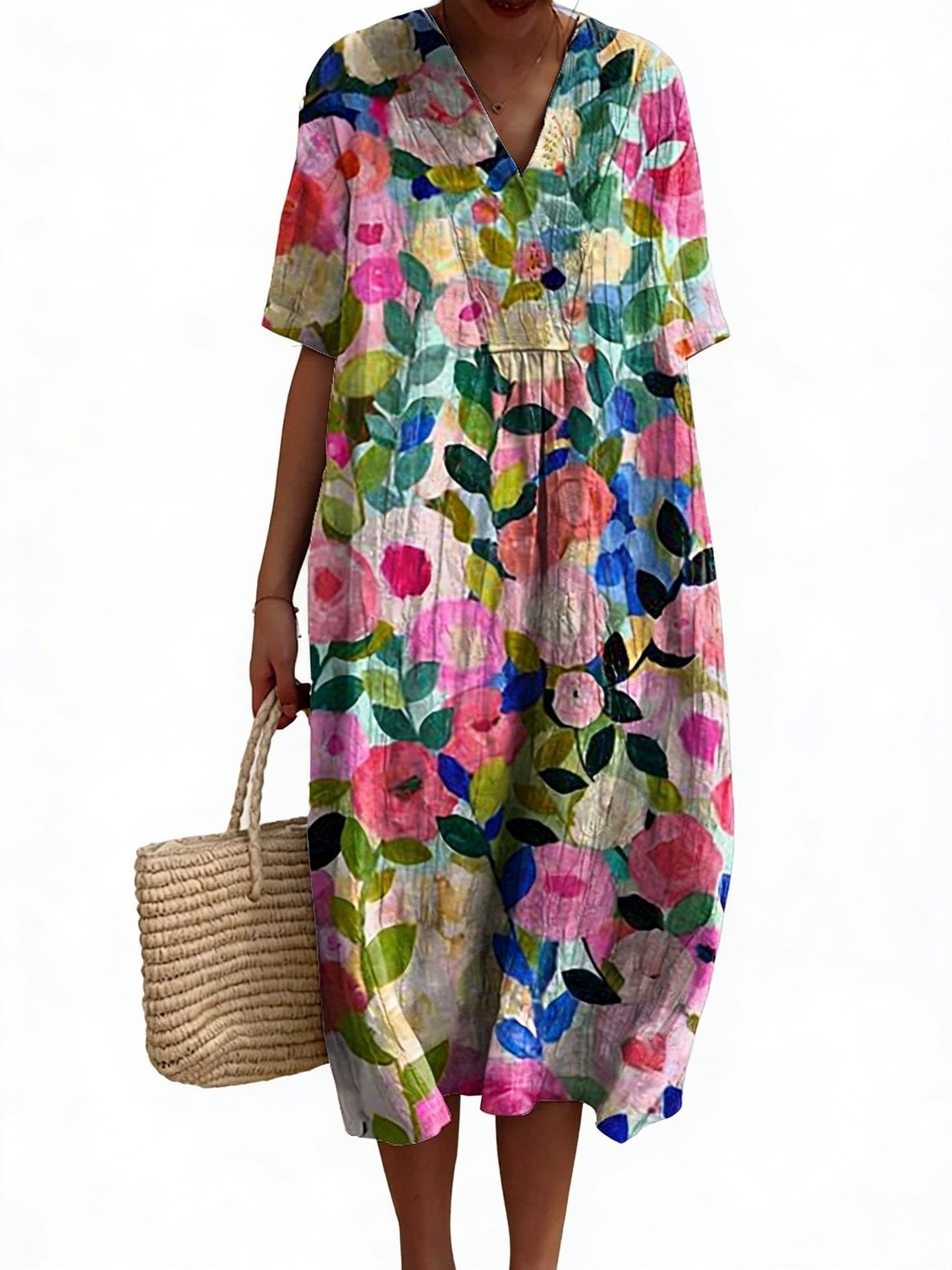 Femme Robe Midi Courte Manches Courtes col V à Imprimé Floral