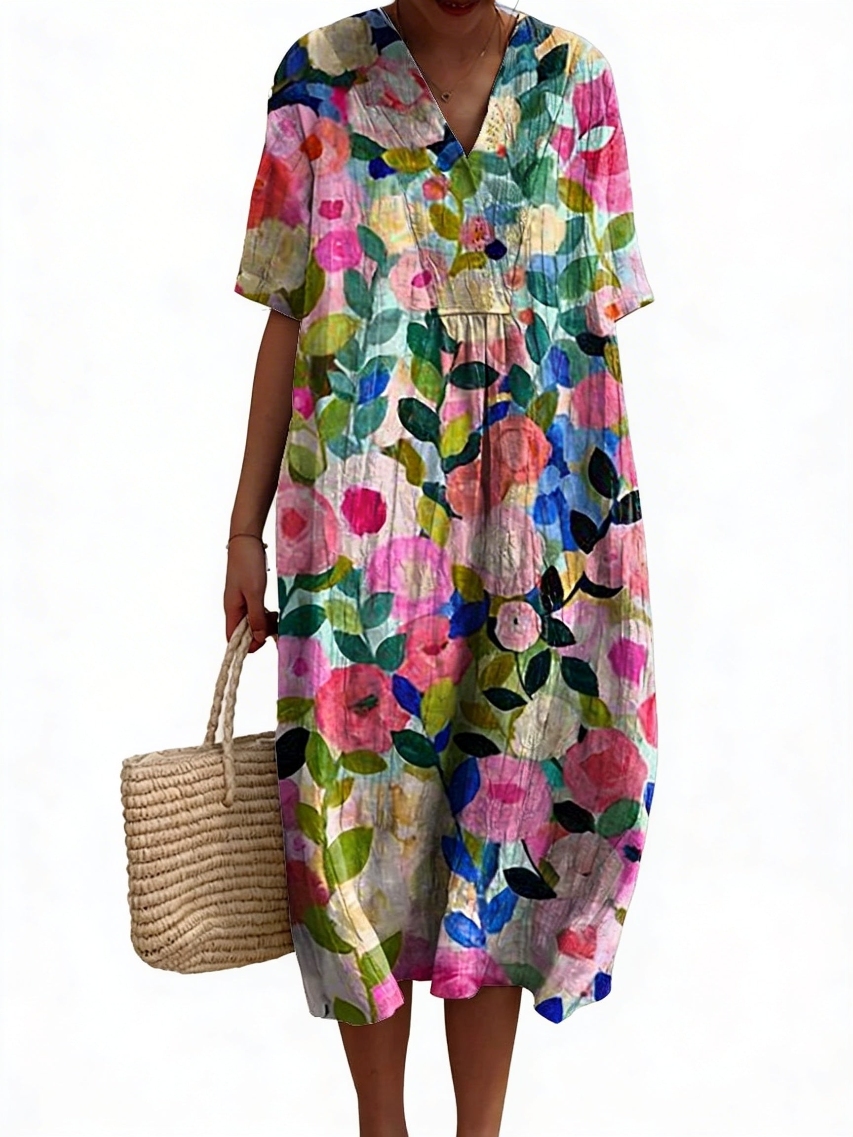 Femme Robe Midi Courte Manches Courtes col V à Imprimé Floral