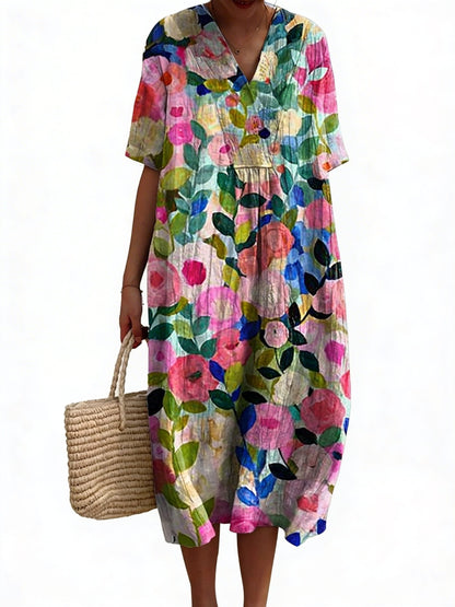 Femme Robe Midi Courte Manches Courtes col V à Imprimé Floral