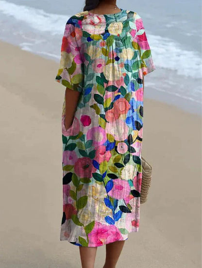 Femme Robe Midi Courte Manches Courtes col V à Imprimé Floral